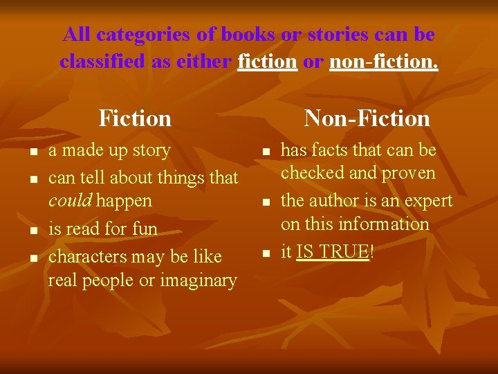 All categories of books or stories can be classified as either fiction or non-fiction. All categories of books or stories can be classified as either fiction or non-fiction.