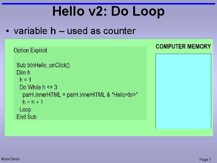 Hello v 2: Do Loop • variable h – used as counter Mark Dixon