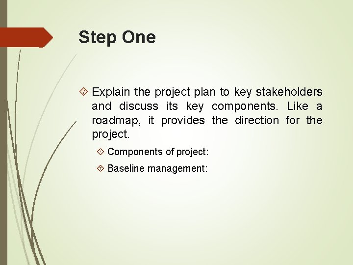 Step One Explain the project plan to key stakeholders and discuss its key components.