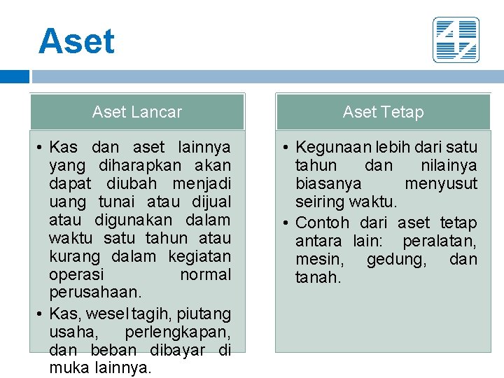 Aset Lancar Aset Tetap • Kas dan aset lainnya yang diharapkan akan dapat diubah