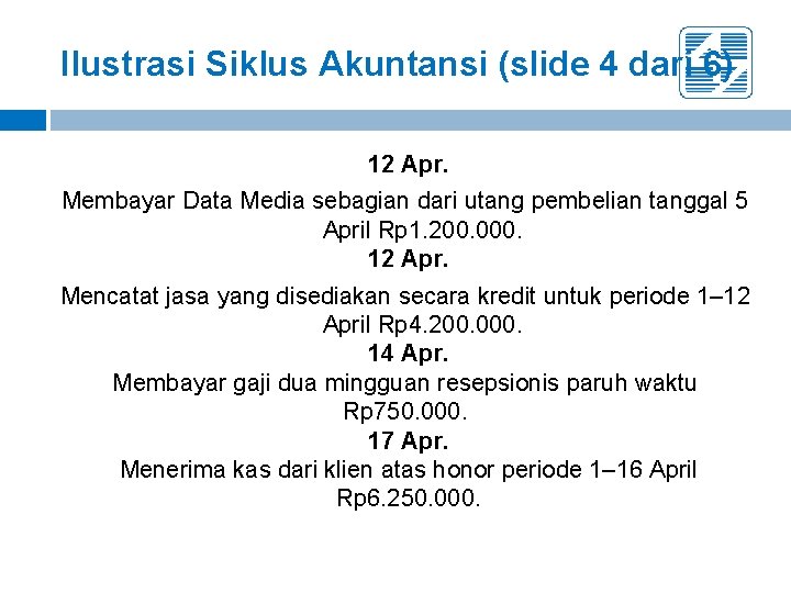 Ilustrasi Siklus Akuntansi (slide 4 dari 6) 12 Apr. Membayar Data Media sebagian dari