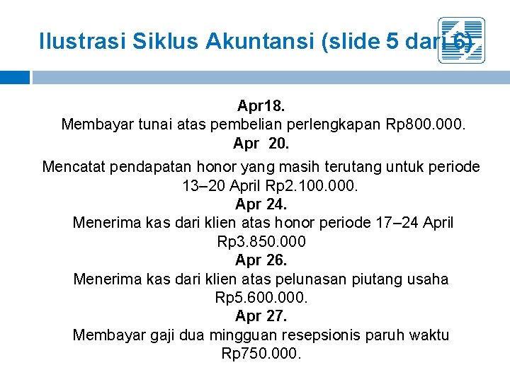 Ilustrasi Siklus Akuntansi (slide 5 dari 6) Apr 18. Membayar tunai atas pembelian perlengkapan