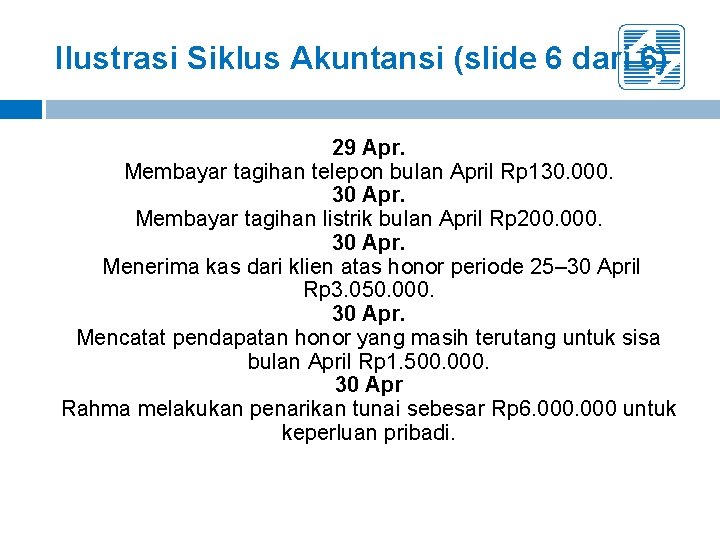 Ilustrasi Siklus Akuntansi (slide 6 dari 6) 29 Apr. Membayar tagihan telepon bulan April