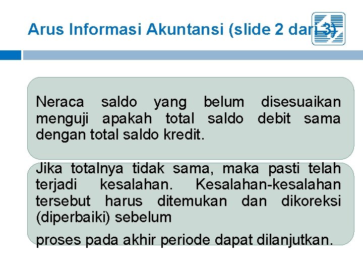 Arus Informasi Akuntansi (slide 2 dari 3) Neraca saldo yang belum disesuaikan menguji apakah