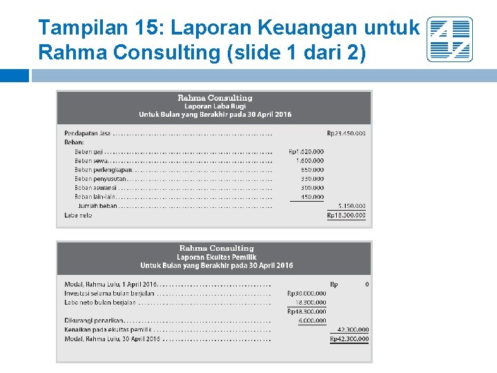 Tampilan 15: Laporan Keuangan untuk Rahma Consulting (slide 1 dari 2) 