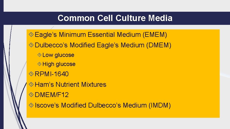 Common Cell Culture Media Eagle’s Minimum Essential Medium (EMEM) Dulbecco’s Modified Eagle’s Medium (DMEM)