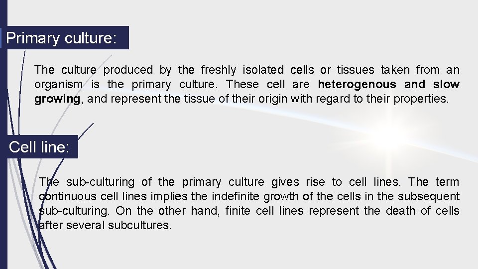 Primary culture: The culture produced by the freshly isolated cells or tissues taken from