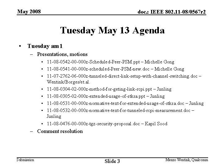 May 2008 doc. : IEEE 802. 11 -08/0567 r 2 Tuesday May 13 Agenda