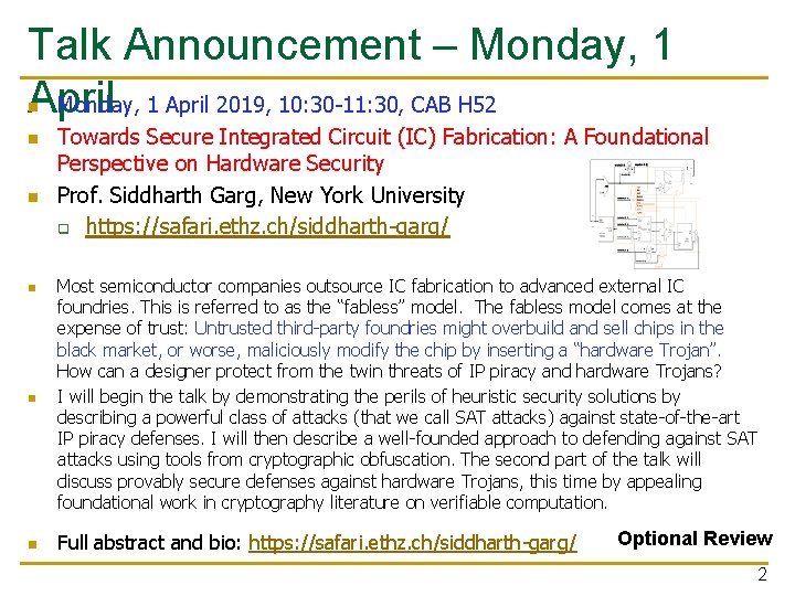 Talk Announcement – Monday, 1 April 2019, 10: 30 -11: 30, CAB H 52