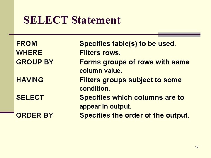 SELECT Statement FROM WHERE GROUP BY Specifies table(s) to be used. Filters rows. Forms