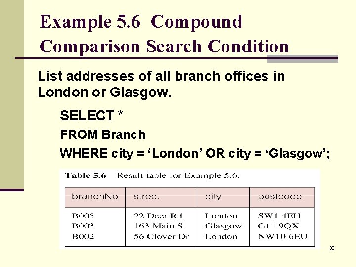 Example 5. 6 Compound Comparison Search Condition List addresses of all branch offices in