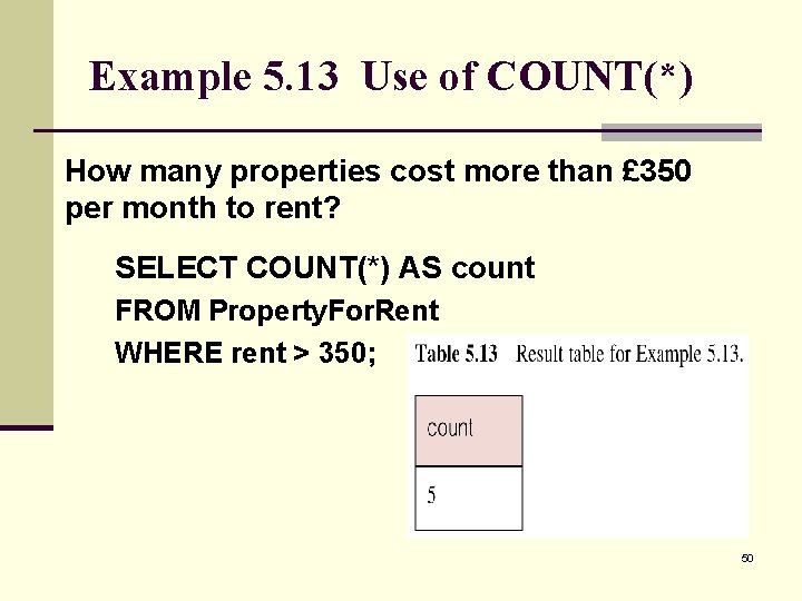 Example 5. 13 Use of COUNT(*) How many properties cost more than £ 350