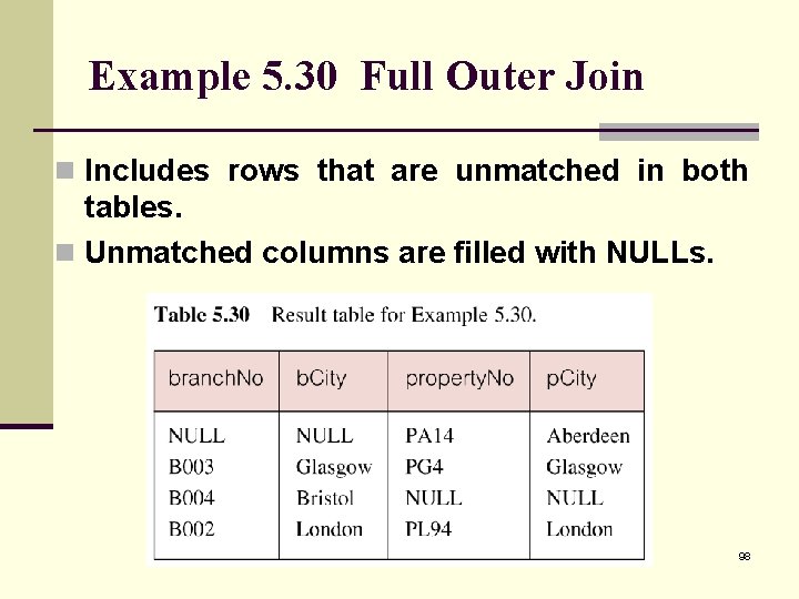 Example 5. 30 Full Outer Join n Includes rows that are unmatched in both