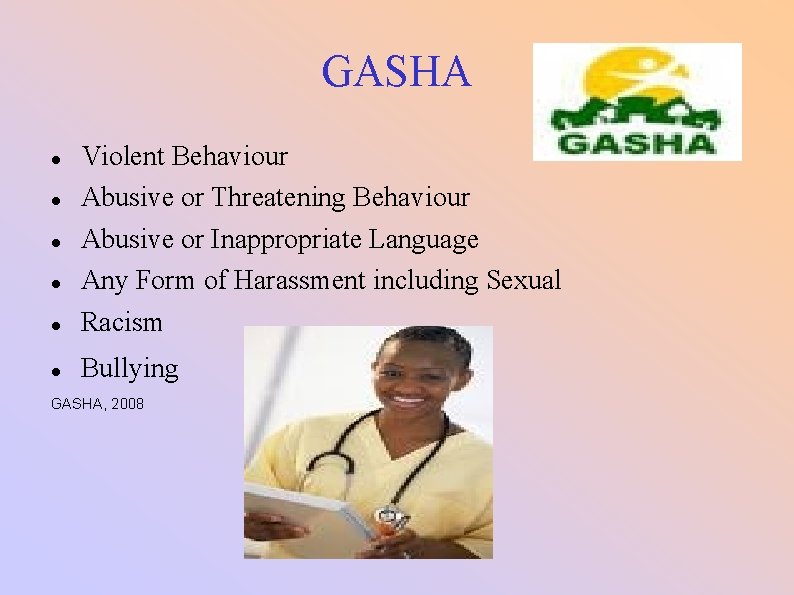 GASHA Violent Behaviour Abusive or Threatening Behaviour Abusive or Inappropriate Language Any Form of