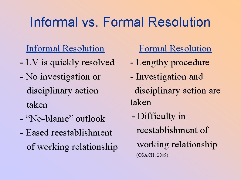 Informal vs. Formal Resolution Informal Resolution - LV is quickly resolved - No investigation