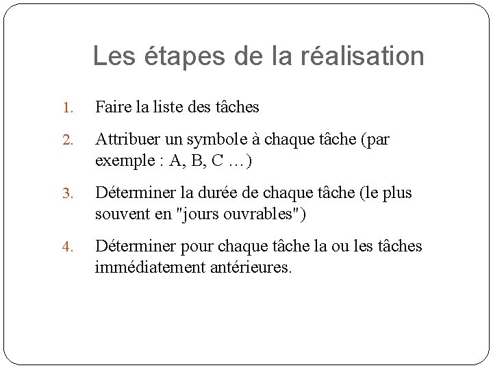 Les étapes de la réalisation 1. Faire la liste des tâches 2. Attribuer un