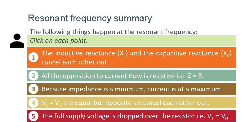 Resonant frequency summary The following things happen at the resonant frequency: Click on each