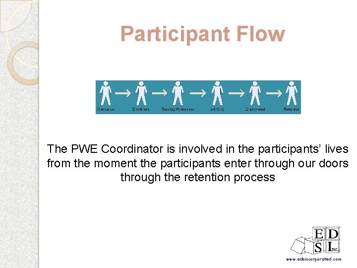 Participant Flow The PWE Coordinator is involved in the participants’ lives from the moment