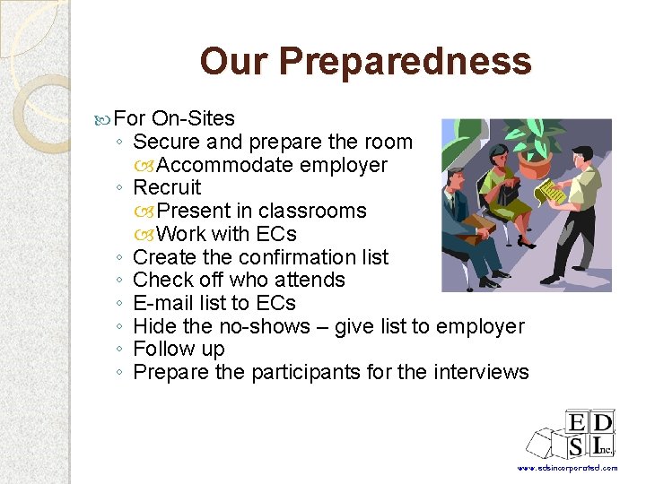 Our Preparedness For ◦ ◦ ◦ ◦ On-Sites Secure and prepare the room Accommodate