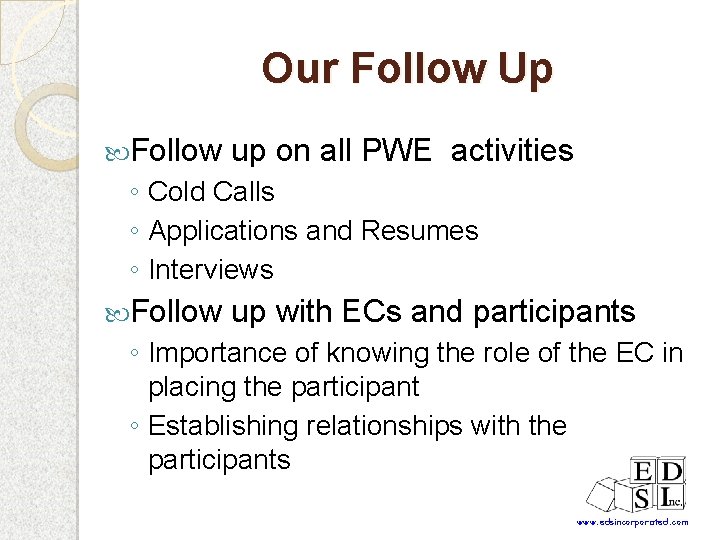 Our Follow Up Follow up on all PWE activities ◦ Cold Calls ◦ Applications