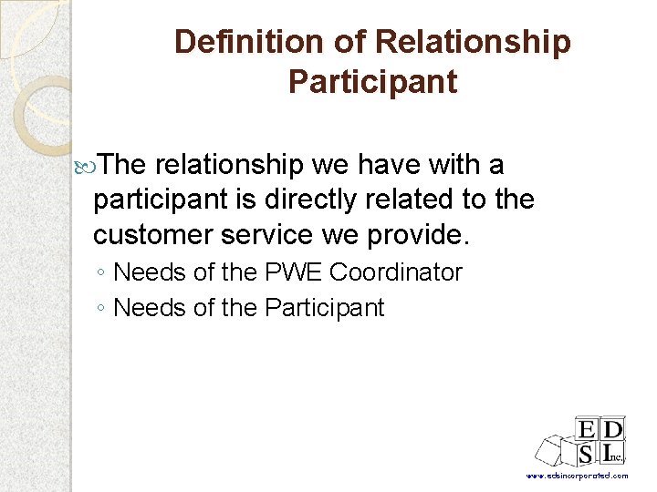 Definition of Relationship Participant The relationship we have with a participant is directly related