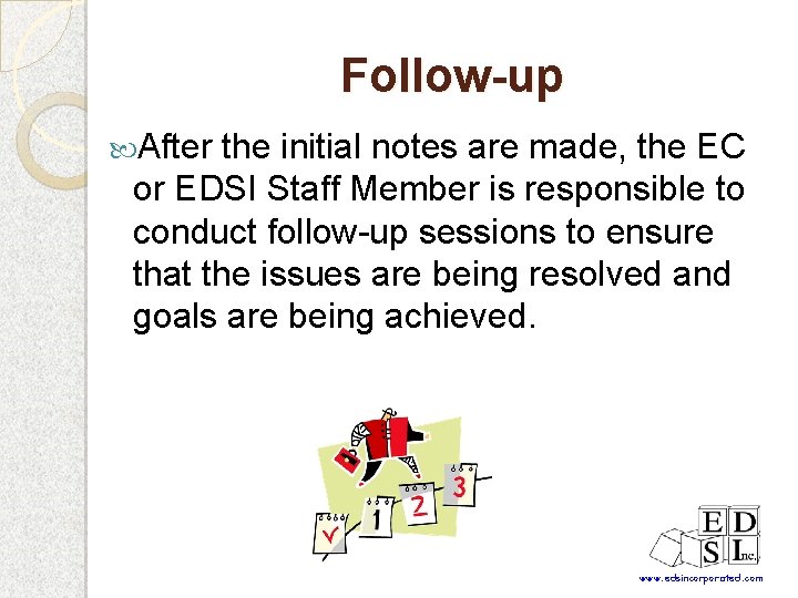 Follow-up After the initial notes are made, the EC or EDSI Staff Member is