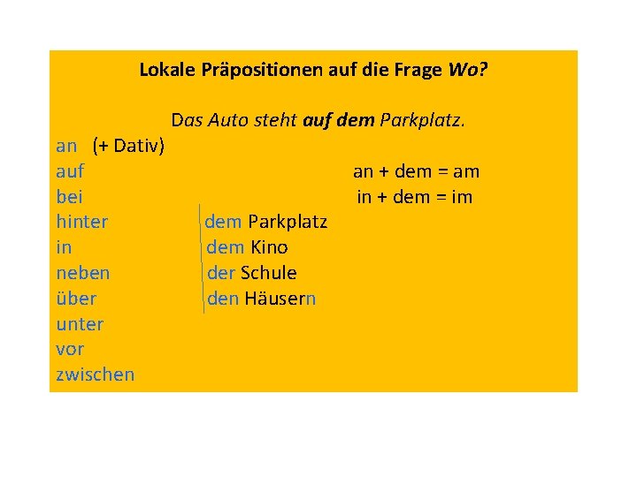 Lokale Präpositionen auf die Frage Wo? an (+ Dativ) auf bei hinter in neben