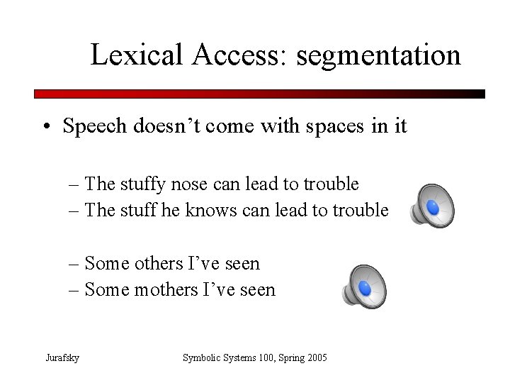 Lexical Access: segmentation • Speech doesn’t come with spaces in it – The stuffy