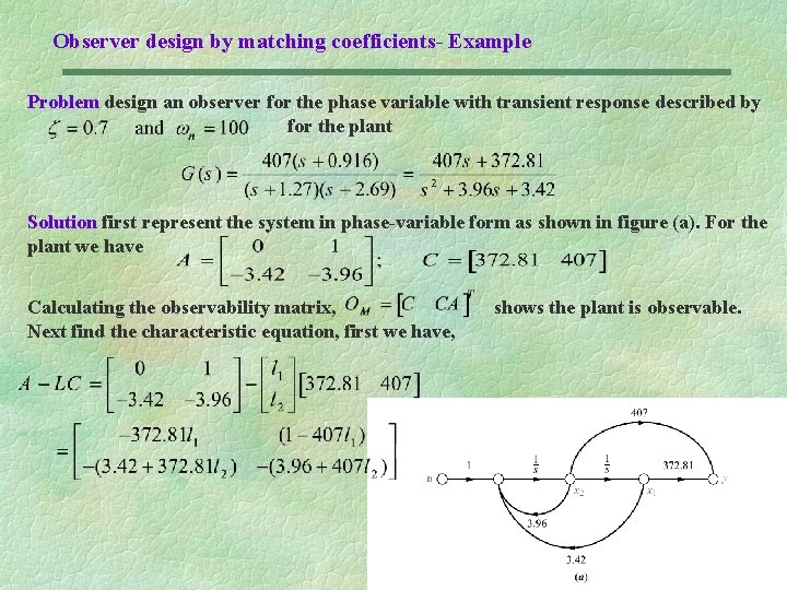 Observer design by matching coefficients- Example Problem design an observer for the phase variable