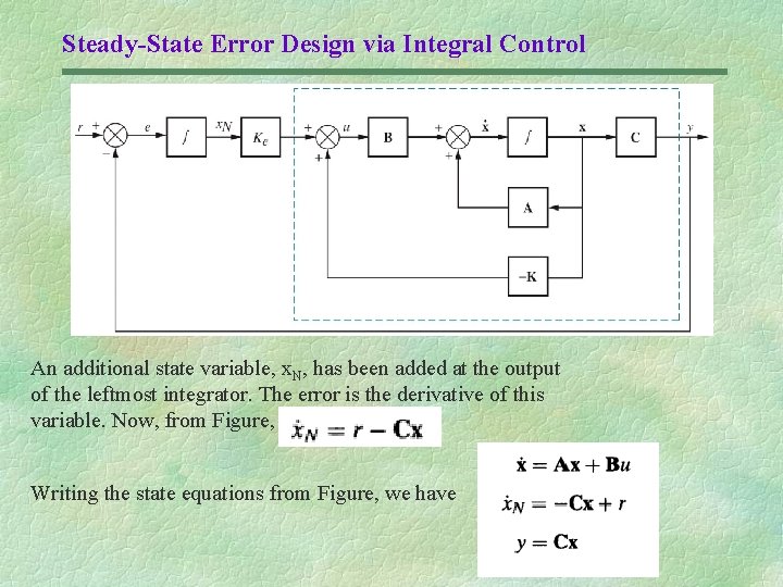 Steady-State Error Design via Integral Control An additional state variable, x. N, has been