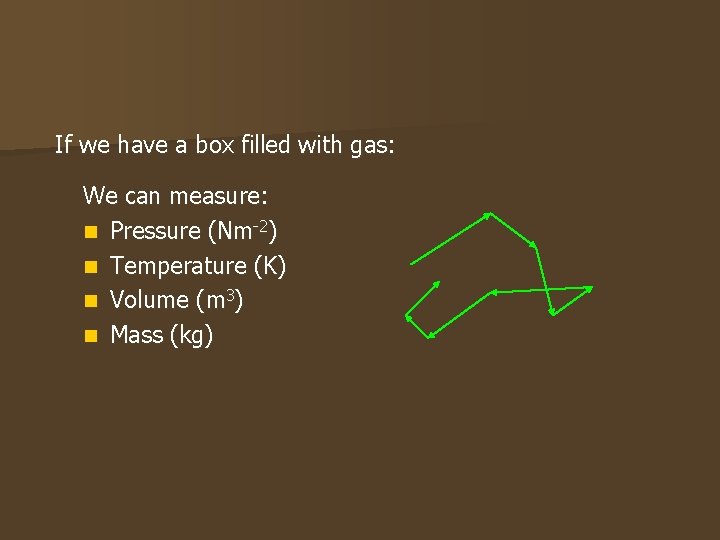 If we have a box filled with gas: We can measure: n Pressure (Nm-2)