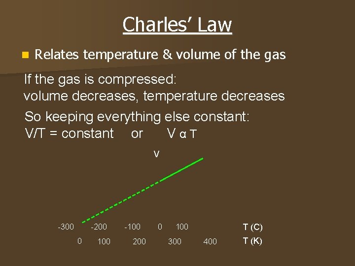 Charles’ Law n Relates temperature & volume of the gas If the gas is