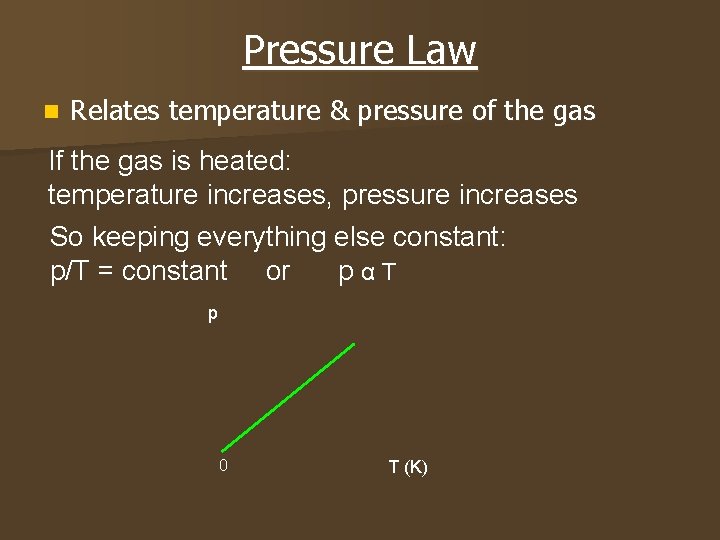 Pressure Law n Relates temperature & pressure of the gas If the gas is