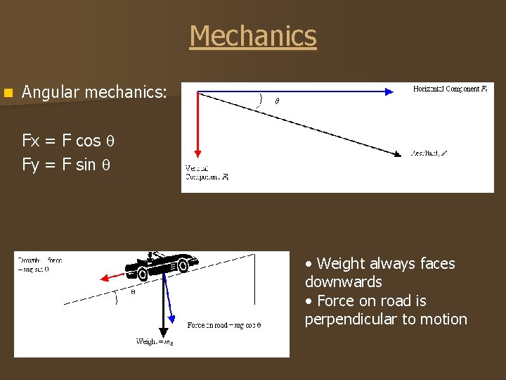 Mechanics n Angular mechanics: Fx = F cos Fy = F sin • Weight