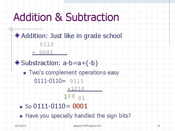 Addition & Subtraction Addition: Just like in grade school 0110 + 0001 Substraction: a-b=a+(-b)