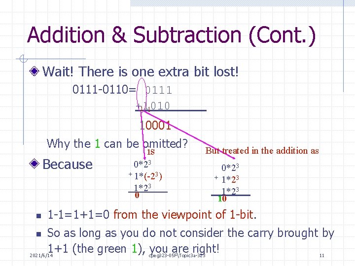 Addition & Subtraction (Cont. ) Wait! There is one extra bit lost! 0111 -0110=