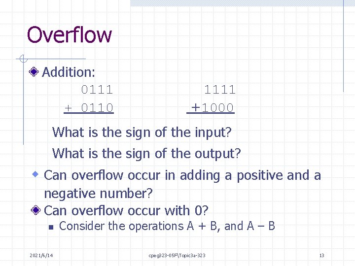 Overflow Addition: 0111 + 0110 1111 +1000 What is the sign of the input?