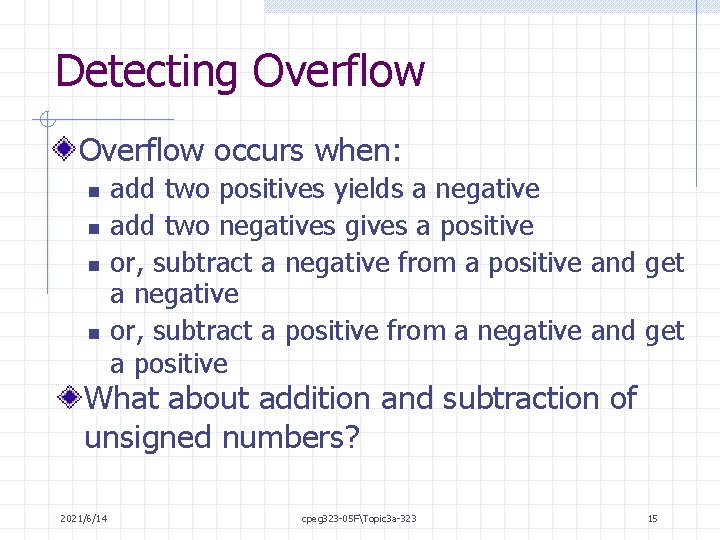 Detecting Overflow occurs when: n n add two positives yields a negative add two