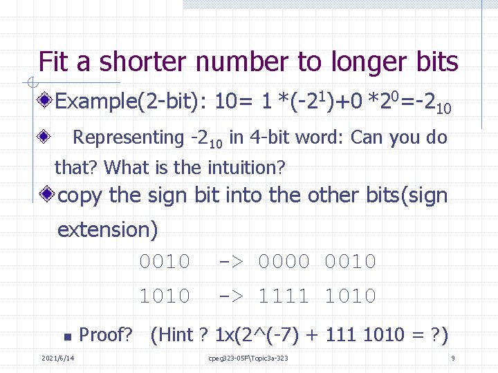 Fit a shorter number to longer bits Example(2 -bit): 10= 1 *(-21)+0 *20=-210 Representing