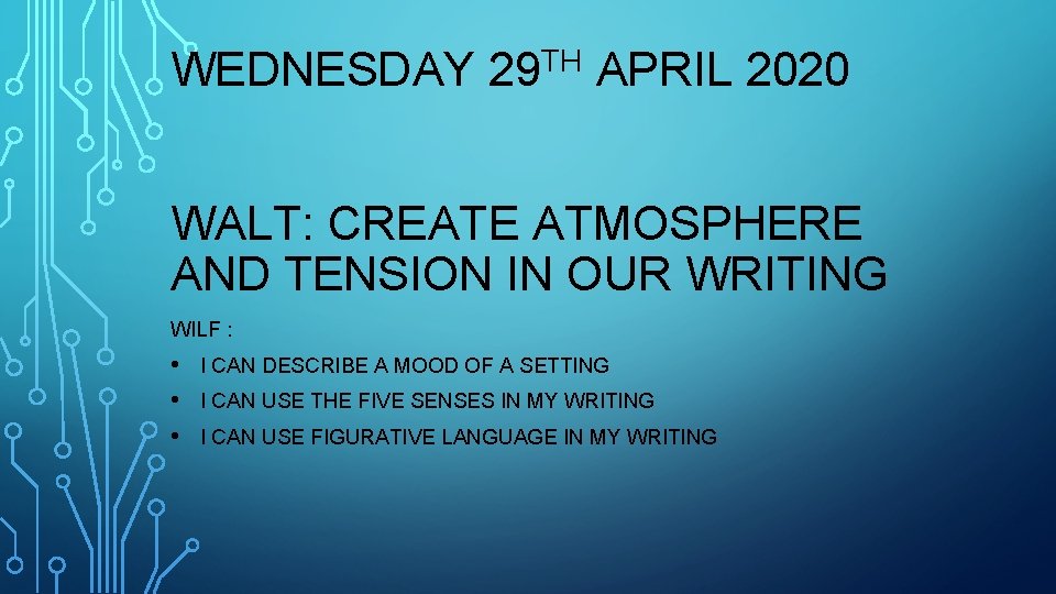 WEDNESDAY 29 TH APRIL 2020 WALT: CREATE ATMOSPHERE AND TENSION IN OUR WRITING WILF