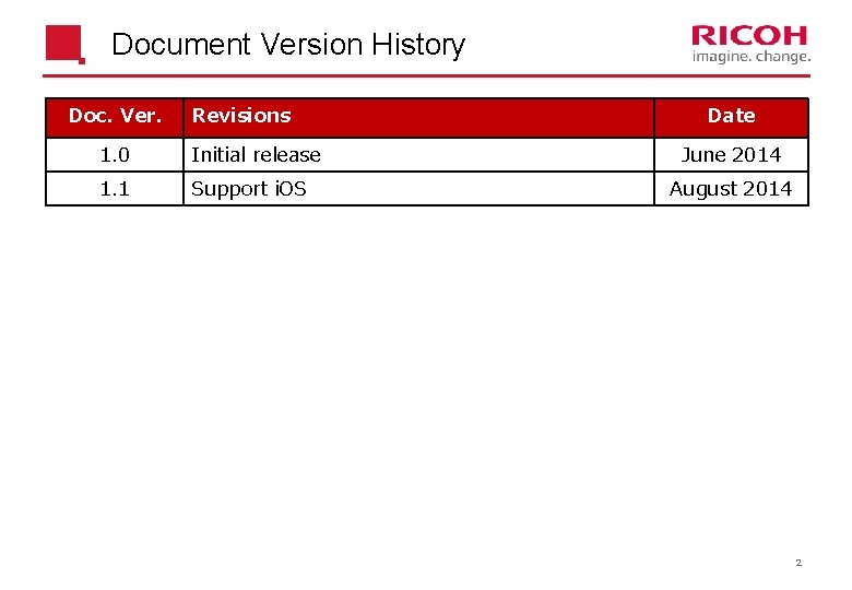Document Version History Doc. Ver. Revisions 1. 0 Initial release 1. 1 Support i.