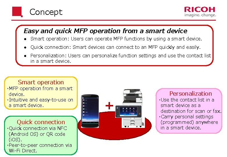 Concept Easy and quick MFP operation from a smart device l Smart operation: Users