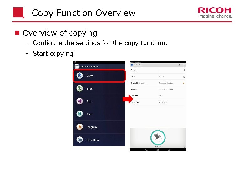 Copy Function Overview of copying Configure the settings for the copy function. Start copying.