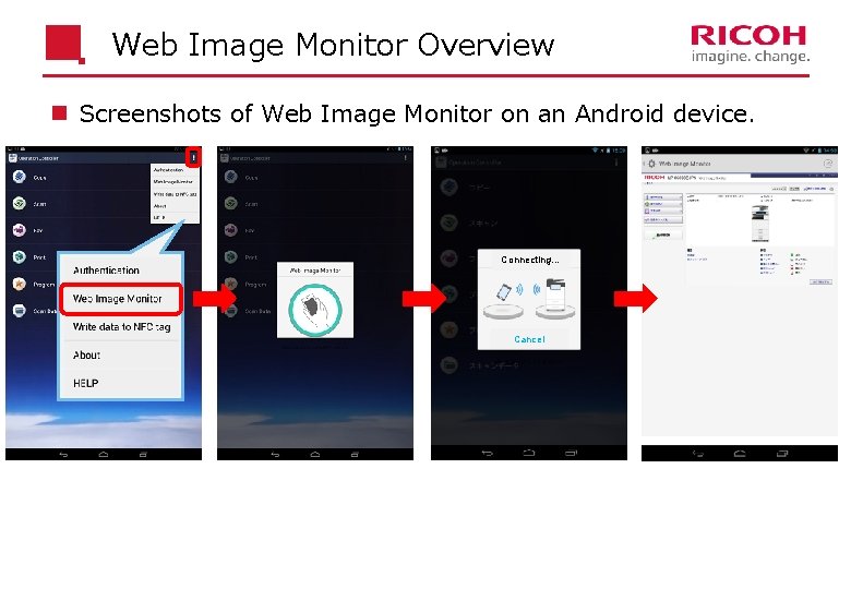 Web Image Monitor Overview n Screenshots of Web Image Monitor on an Android device.