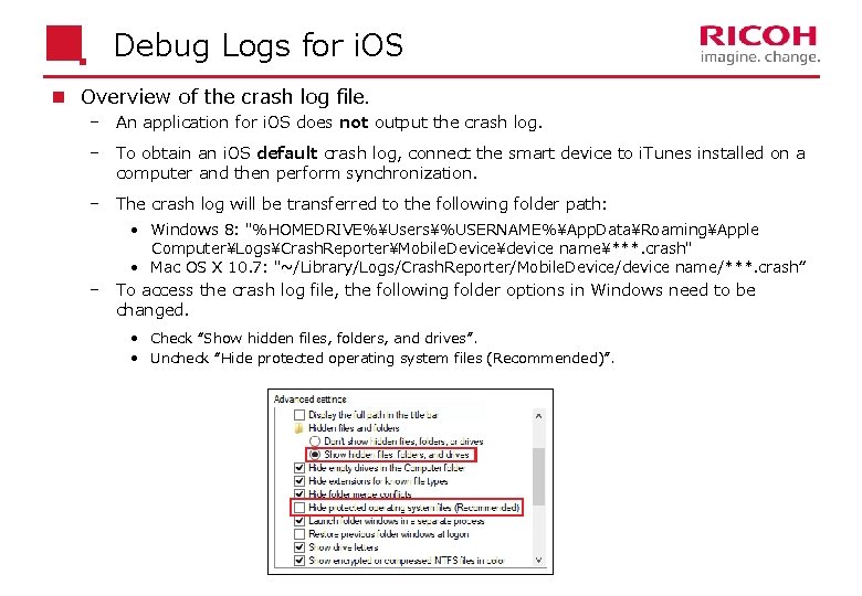 Debug Logs for i. OS n Overview of the crash log file. An application