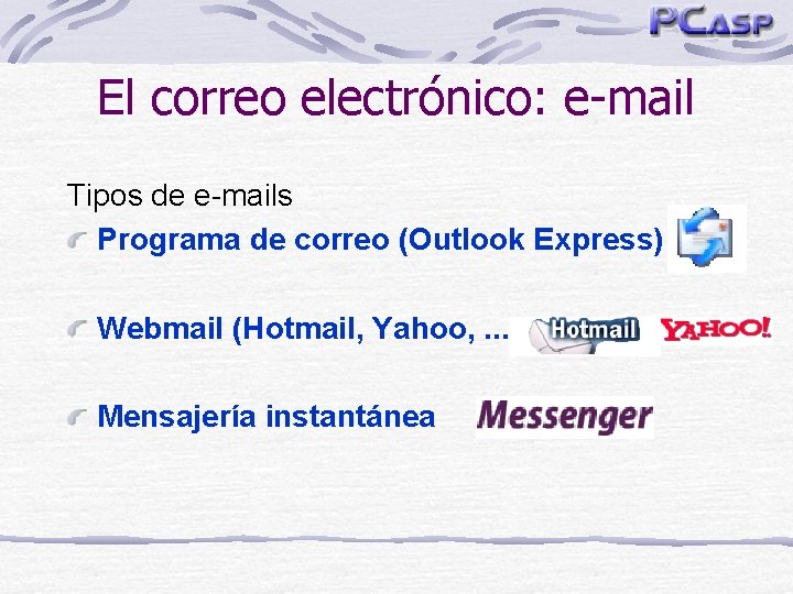 El correo electrónico: e-mail Tipos de e-mails Programa de correo (Outlook Express) Webmail (Hotmail,