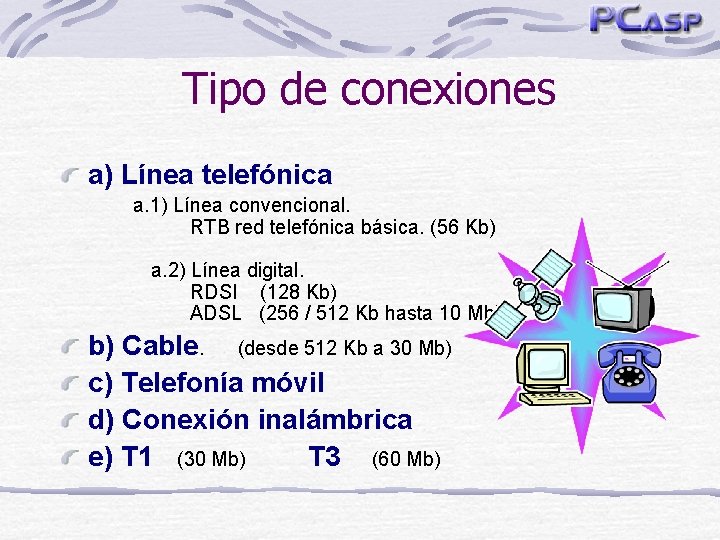 Tipo de conexiones a) Línea telefónica a. 1) Línea convencional. RTB red telefónica básica.