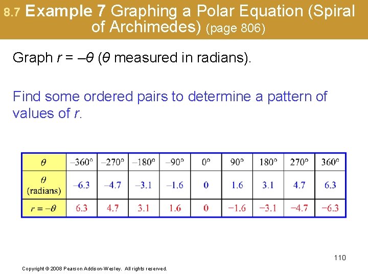 8. 7 Example 7 Graphing a Polar Equation (Spiral of Archimedes) (page 806) Graph