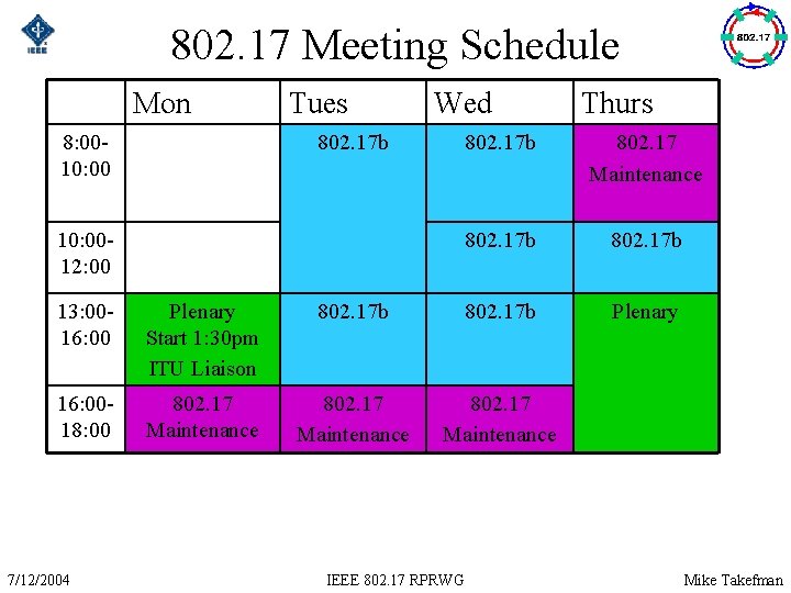 802. 17 Meeting Schedule Mon 8: 0010: 00 Tues 802. 17 b 10: 0012: