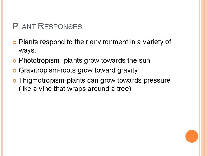 PLANT RESPONSES Plants respond to their environment in a variety of ways. Phototropism- plants